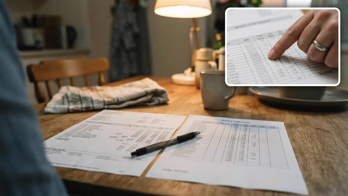 A pay slip and a roster on a kitchen table, being checked line by line